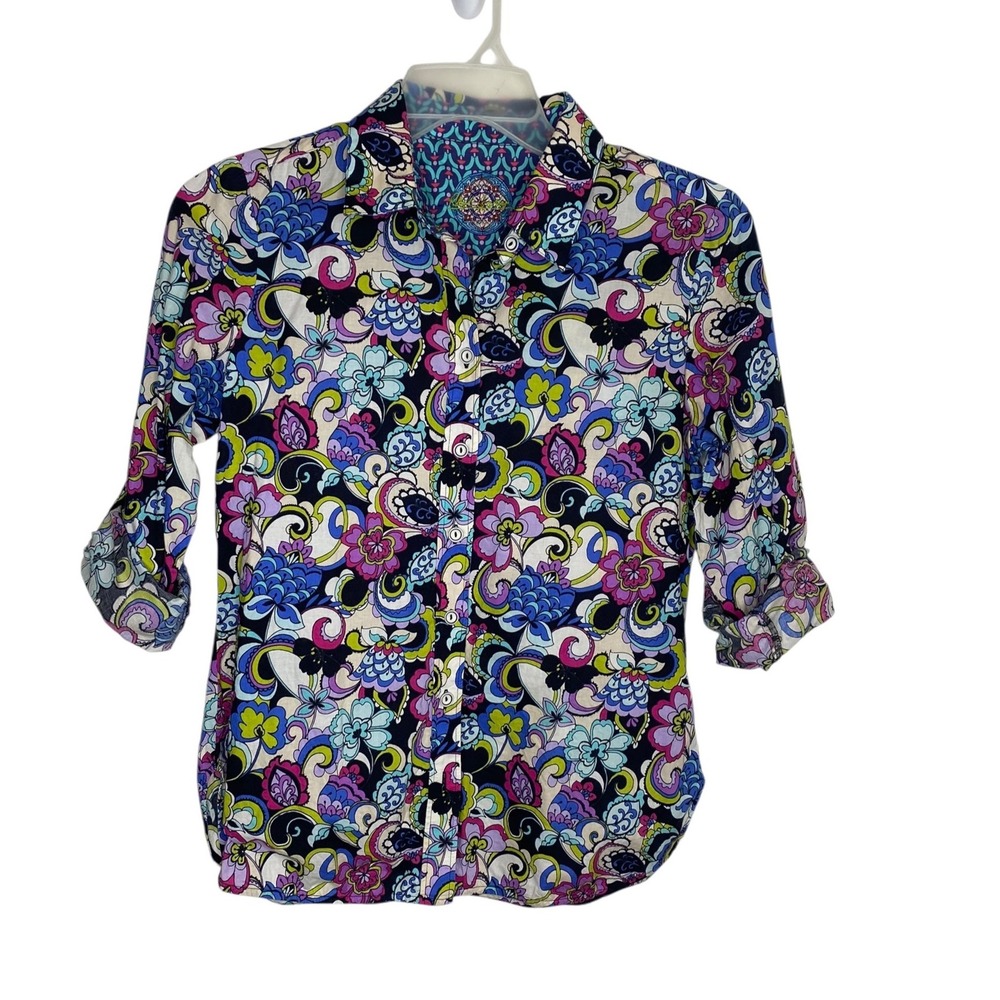 Robert Graham Womens Floral Paisley Button Down Shirt Roll Tab Sleeve Medium - Picture 1 of 8